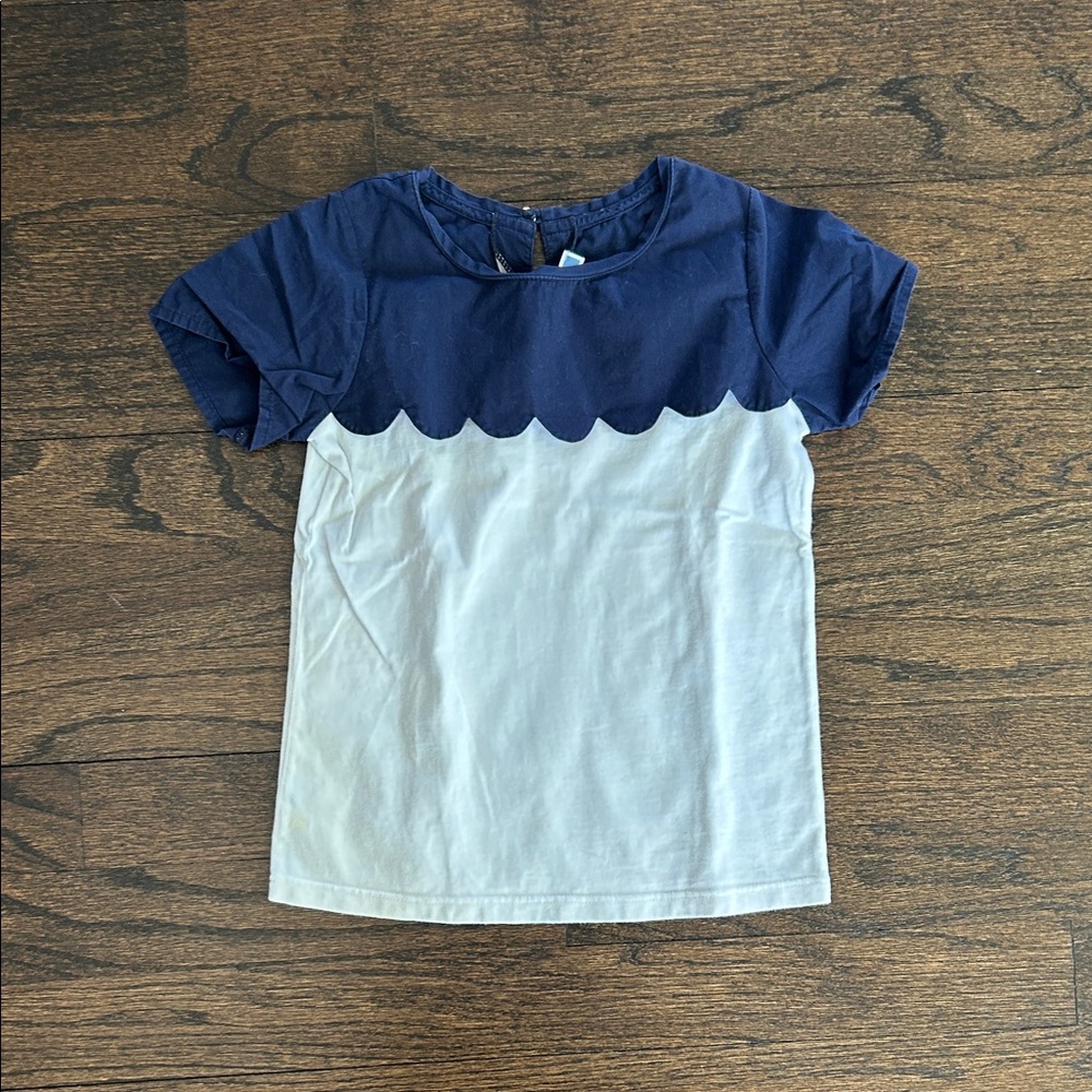 Jacadi Paris Girls Navy and White Scallop Short Sleeve Top Size 4